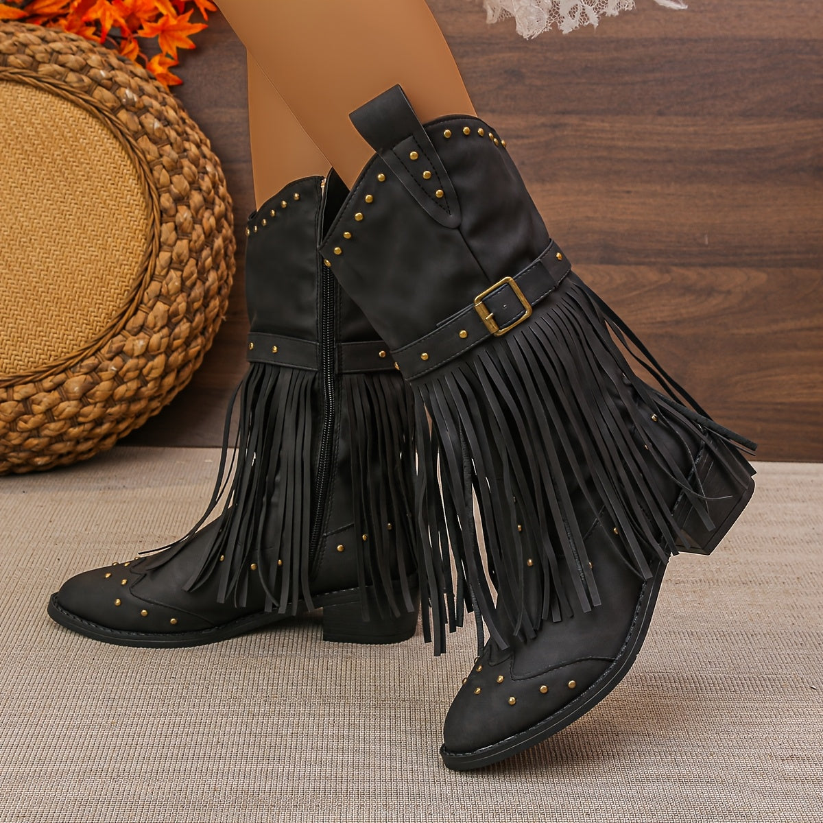 Stivale texano con frange e perline – zip laterale