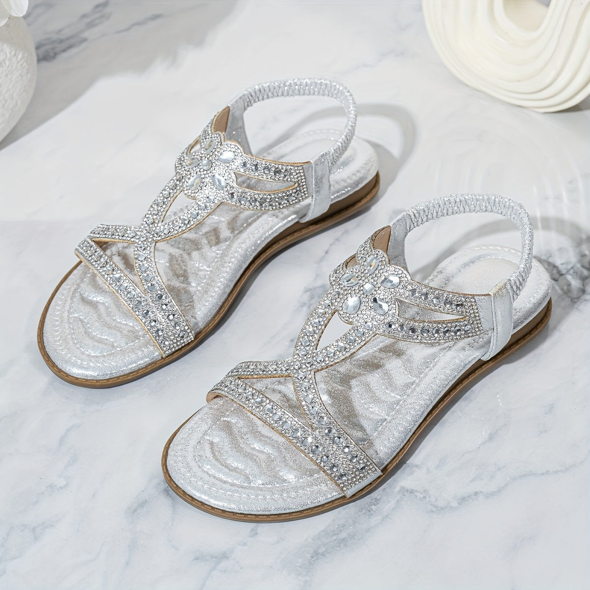 2025 Summer New Women's Rhinestone-Embellished Ankle Strap Sandals - Bohemian Floral PU Cover Flat Sandals with Slip-On Open-Toe Design, Comfortable Casual Elegant Plus Size Footwear for All Seasons, Ladies Shoes And Sandals,