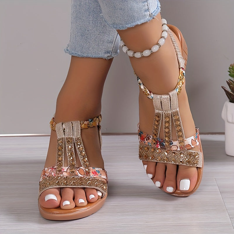 Women's Rhinestone Decor Wedge Sandals, Casual Open Toe Platform Sandals, Comfortable Elastic Band Sandals
