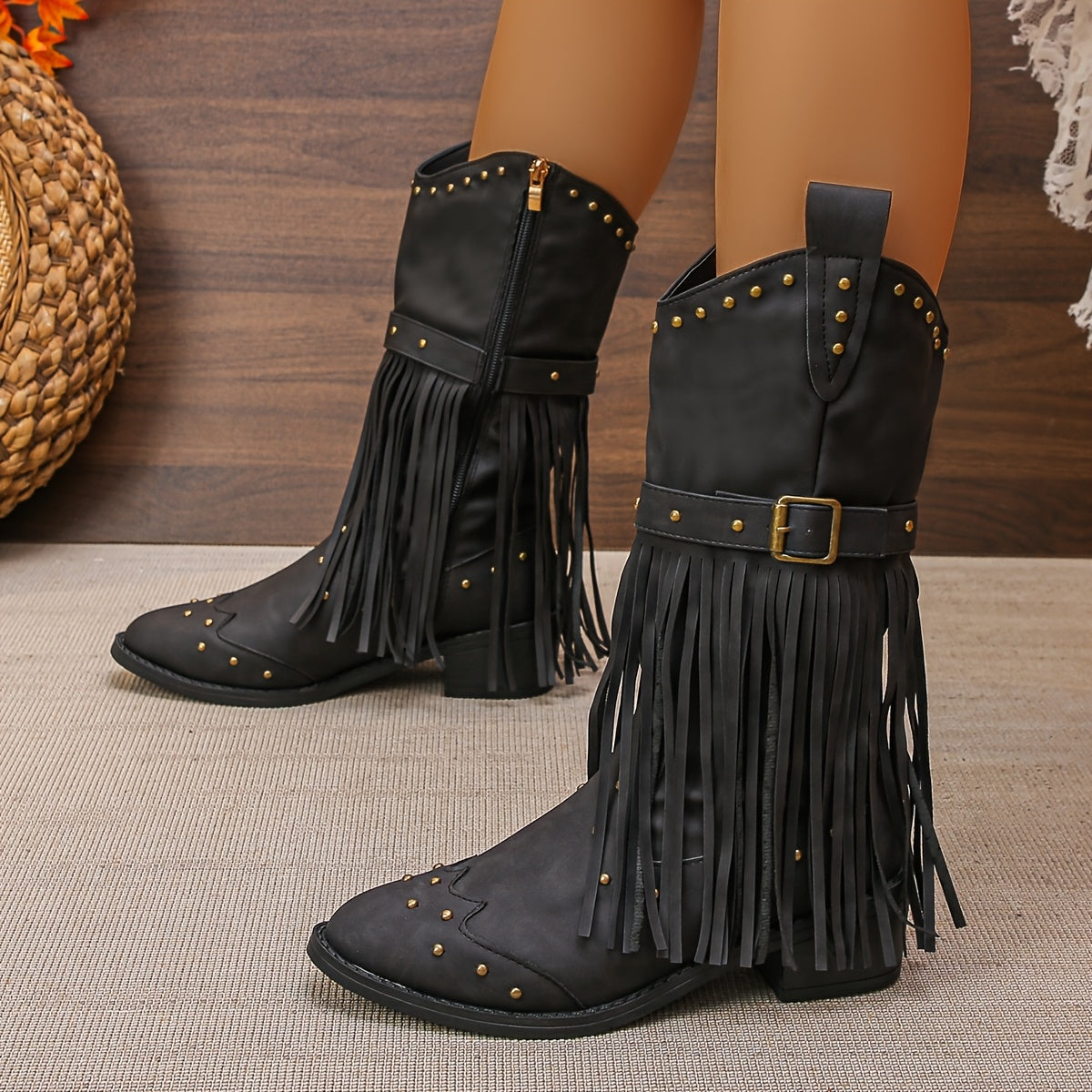 Stivale texano con frange e perline – zip laterale