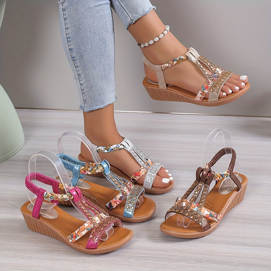 Women's Rhinestone Decor Wedge Sandals, Casual Open Toe Platform Sandals, Comfortable Elastic Band Sandals