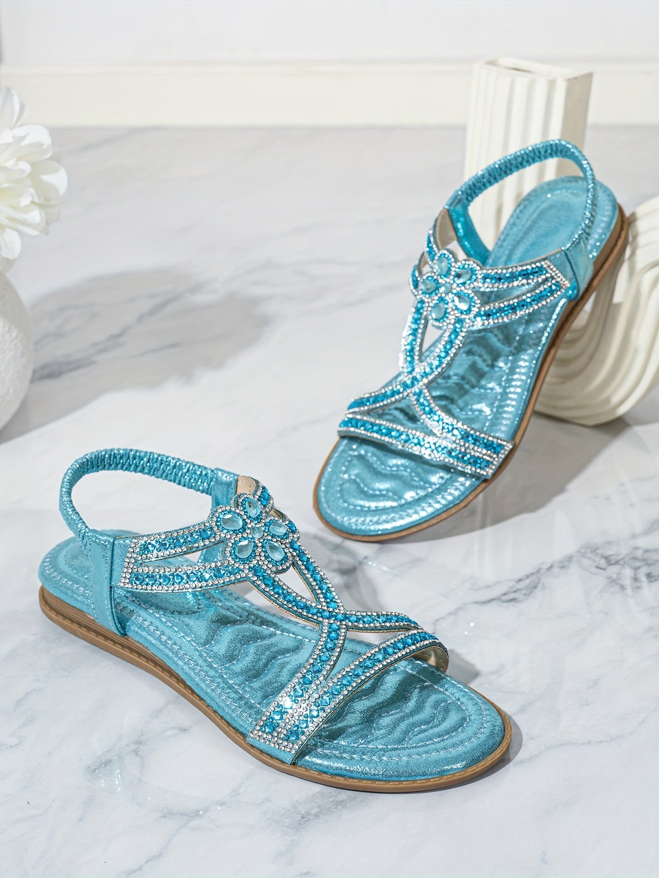 2025 Summer New Women's Rhinestone-Embellished Ankle Strap Sandals - Bohemian Floral PU Cover Flat Sandals with Slip-On Open-Toe Design, Comfortable Casual Elegant Plus Size Footwear for All Seasons, Ladies Shoes And Sandals,
