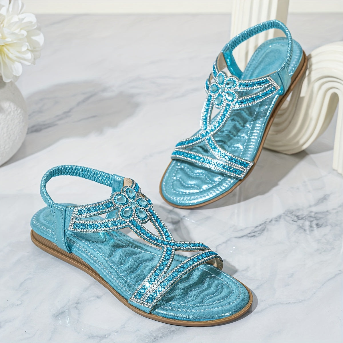 2025 Summer New Women's Rhinestone-Embellished Ankle Strap Sandals - Bohemian Floral PU Cover Flat Sandals with Slip-On Open-Toe Design, Comfortable Casual Elegant Plus Size Footwear for All Seasons, Ladies Shoes And Sandals,