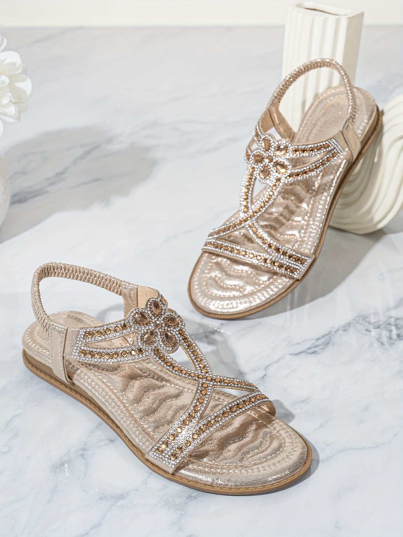 2025 Summer New Women's Rhinestone-Embellished Ankle Strap Sandals - Bohemian Floral PU Cover Flat Sandals with Slip-On Open-Toe Design, Comfortable Casual Elegant Plus Size Footwear for All Seasons, Ladies Shoes And Sandals,