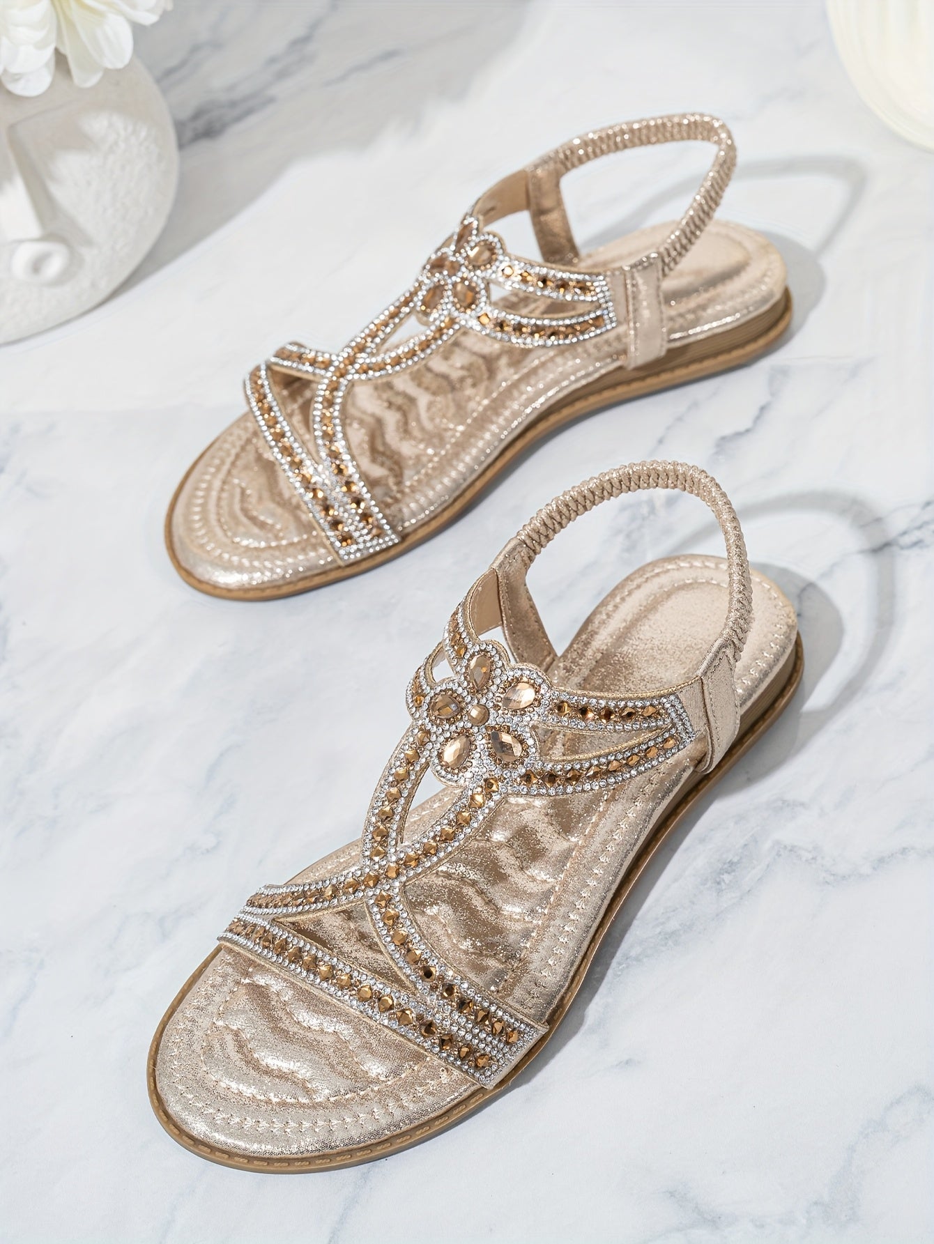 2025 Summer New Women's Rhinestone-Embellished Ankle Strap Sandals - Bohemian Floral PU Cover Flat Sandals with Slip-On Open-Toe Design, Comfortable Casual Elegant Plus Size Footwear for All Seasons, Ladies Shoes And Sandals,