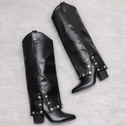 BURUDANI Women'S Elegant Shark-Style Fold-Over Boots - Pointed Toe Pull-On Knee-High Boots with Side Zipper & Padlock Detail, Chunky Mid-Heel, PU Cover & TPR Sole for Winter Dresses, Party, Formal Events, Party Footwear, Dura