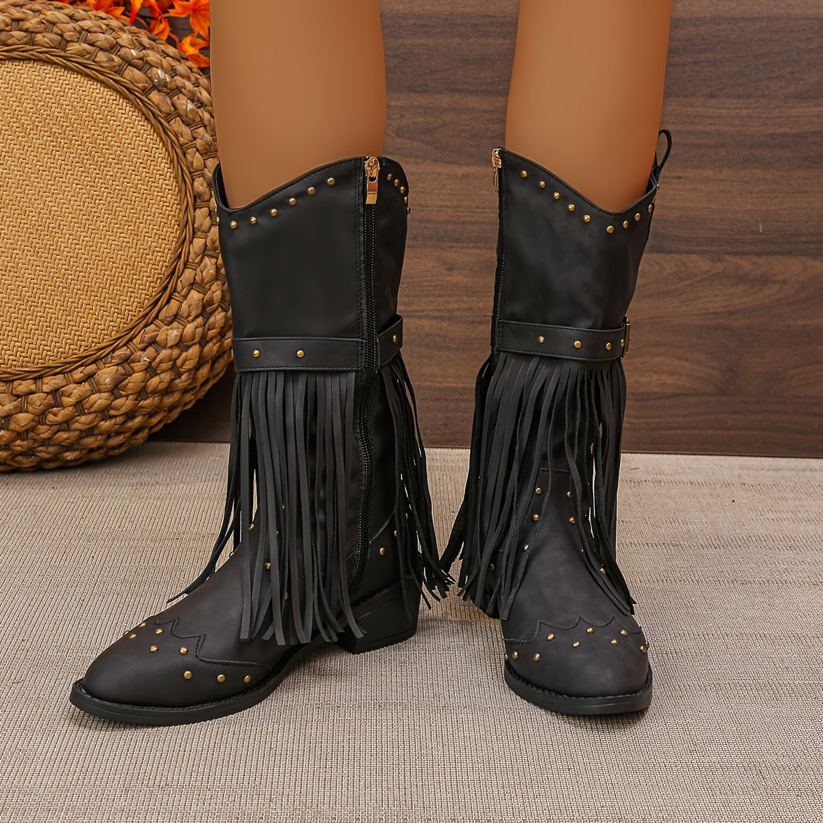 Stivale texano con frange e perline – zip laterale