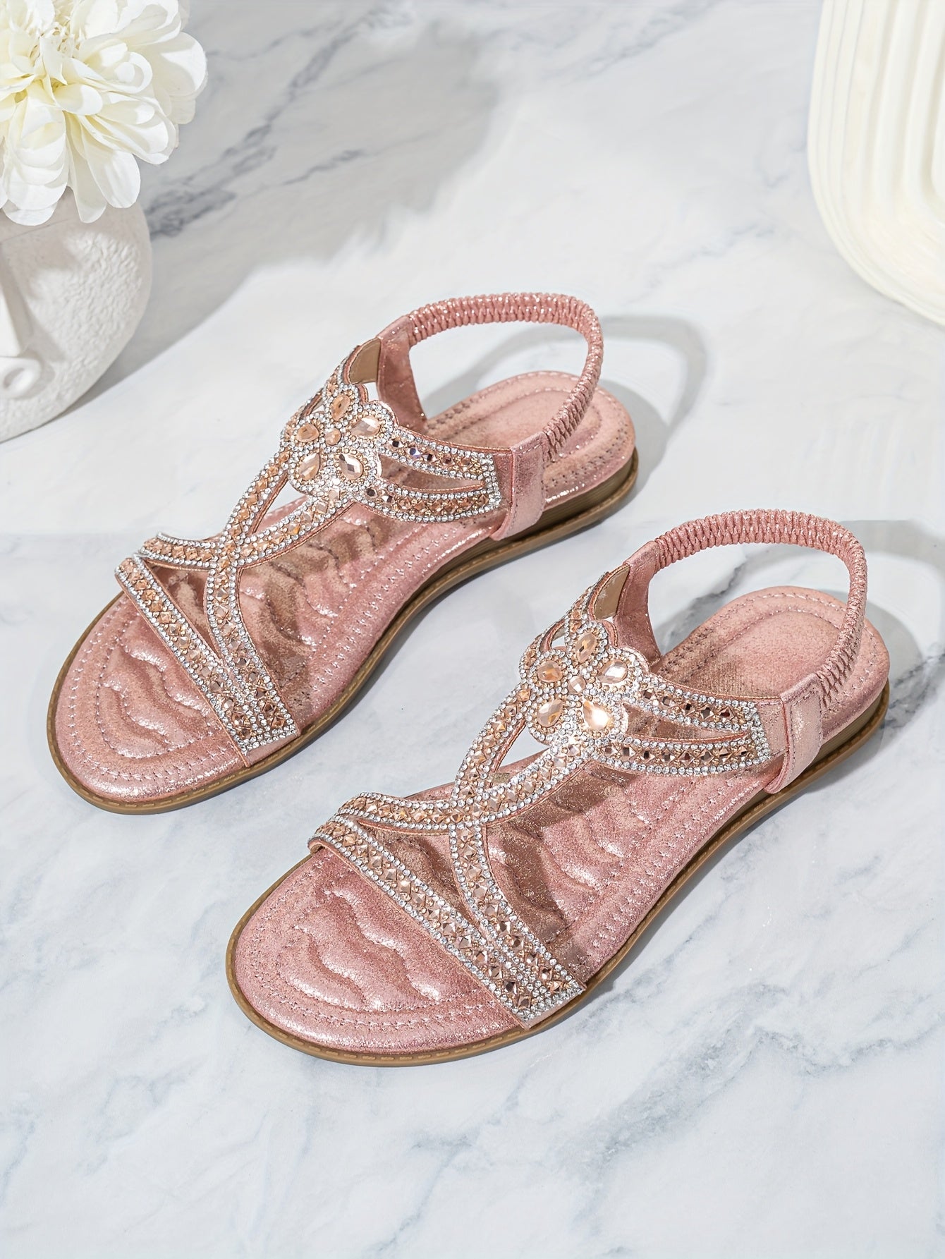 2025 Summer New Women's Rhinestone-Embellished Ankle Strap Sandals - Bohemian Floral PU Cover Flat Sandals with Slip-On Open-Toe Design, Comfortable Casual Elegant Plus Size Footwear for All Seasons, Ladies Shoes And Sandals,