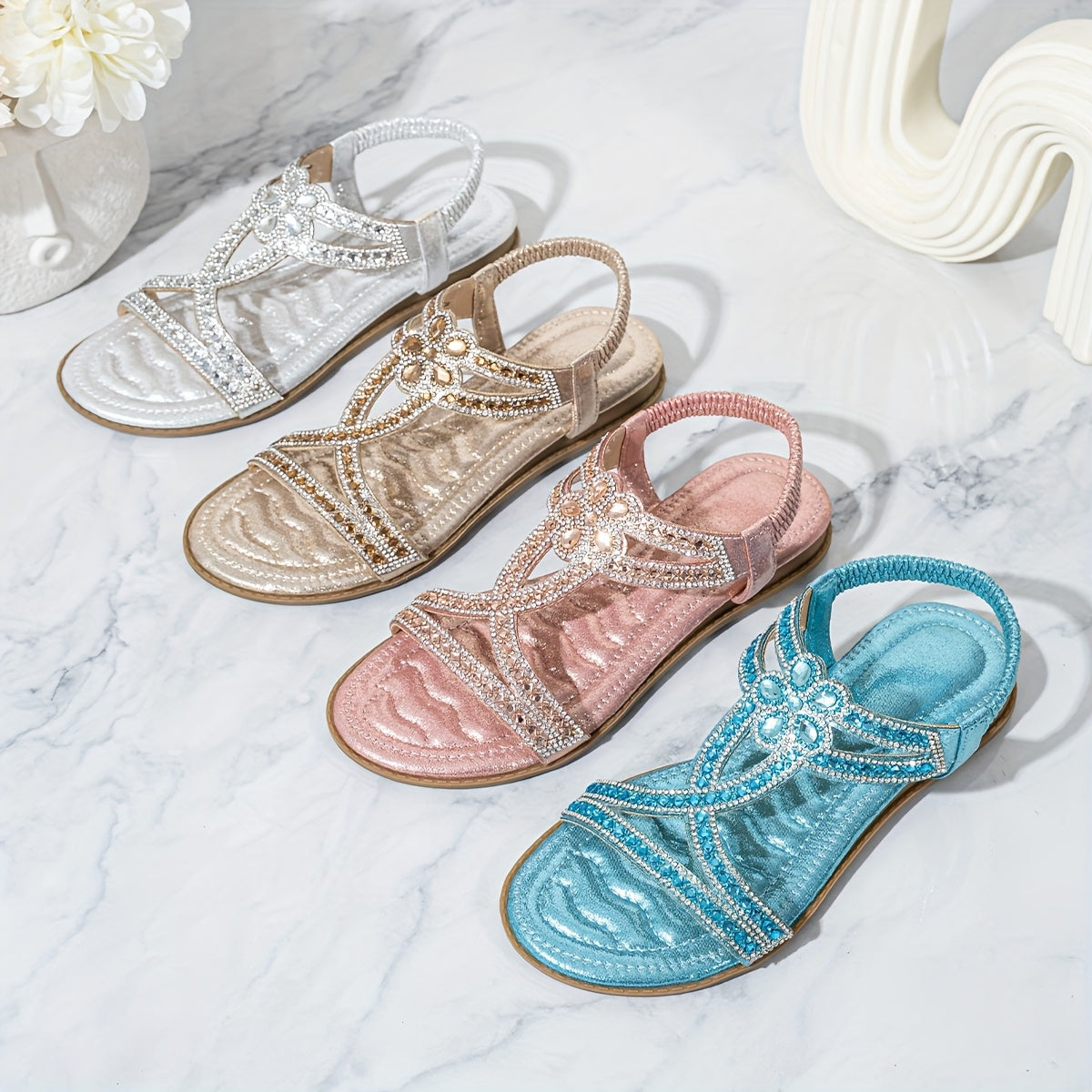 2025 Summer New Women's Rhinestone-Embellished Ankle Strap Sandals - Bohemian Floral PU Cover Flat Sandals with Slip-On Open-Toe Design, Comfortable Casual Elegant Plus Size Footwear for All Seasons, Ladies Shoes And Sandals,