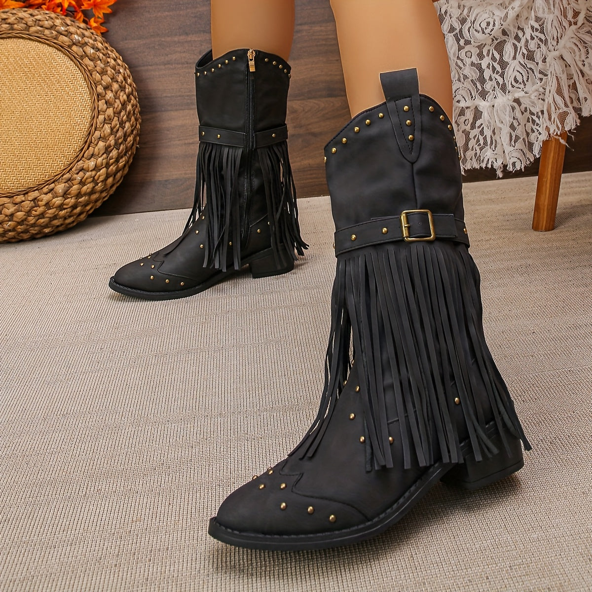 Stivale texano con frange e perline – zip laterale