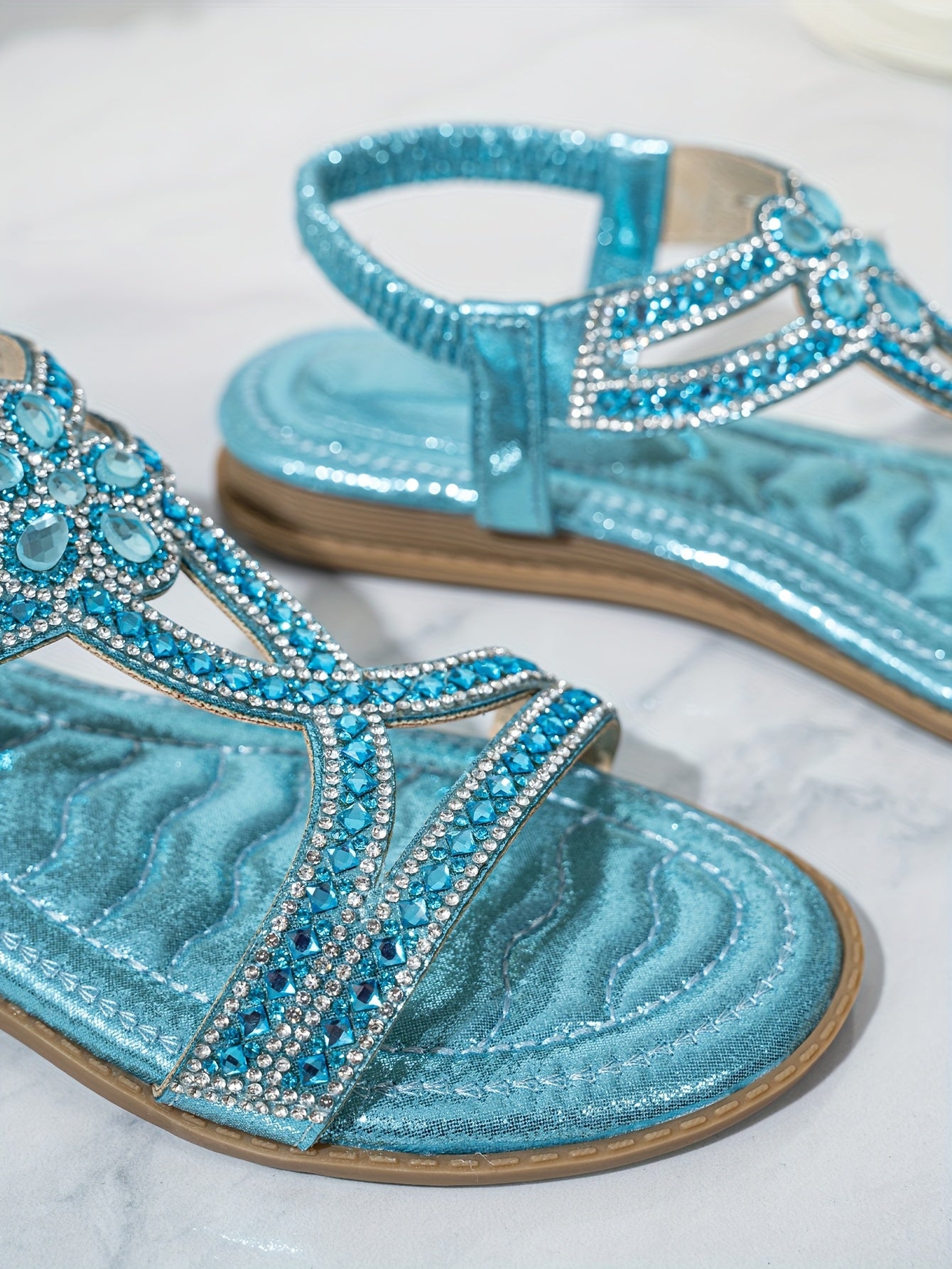 2025 Summer New Women's Rhinestone-Embellished Ankle Strap Sandals - Bohemian Floral PU Cover Flat Sandals with Slip-On Open-Toe Design, Comfortable Casual Elegant Plus Size Footwear for All Seasons, Ladies Shoes And Sandals,