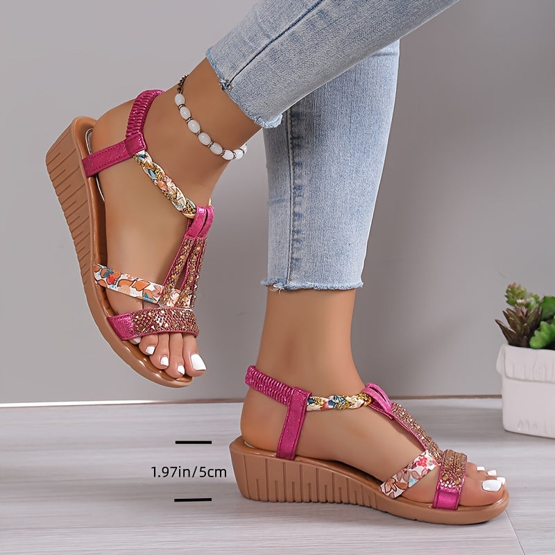 Women's Rhinestone Decor Wedge Sandals, Casual Open Toe Platform Sandals, Comfortable Elastic Band Sandals