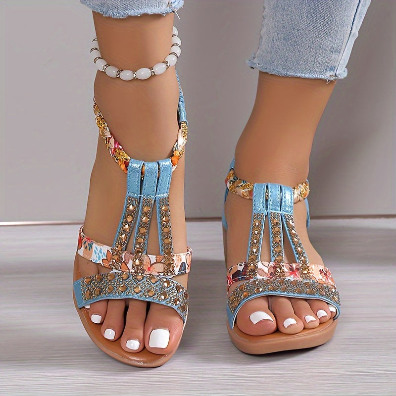 Women's Rhinestone Decor Wedge Sandals, Casual Open Toe Platform Sandals, Comfortable Elastic Band Sandals