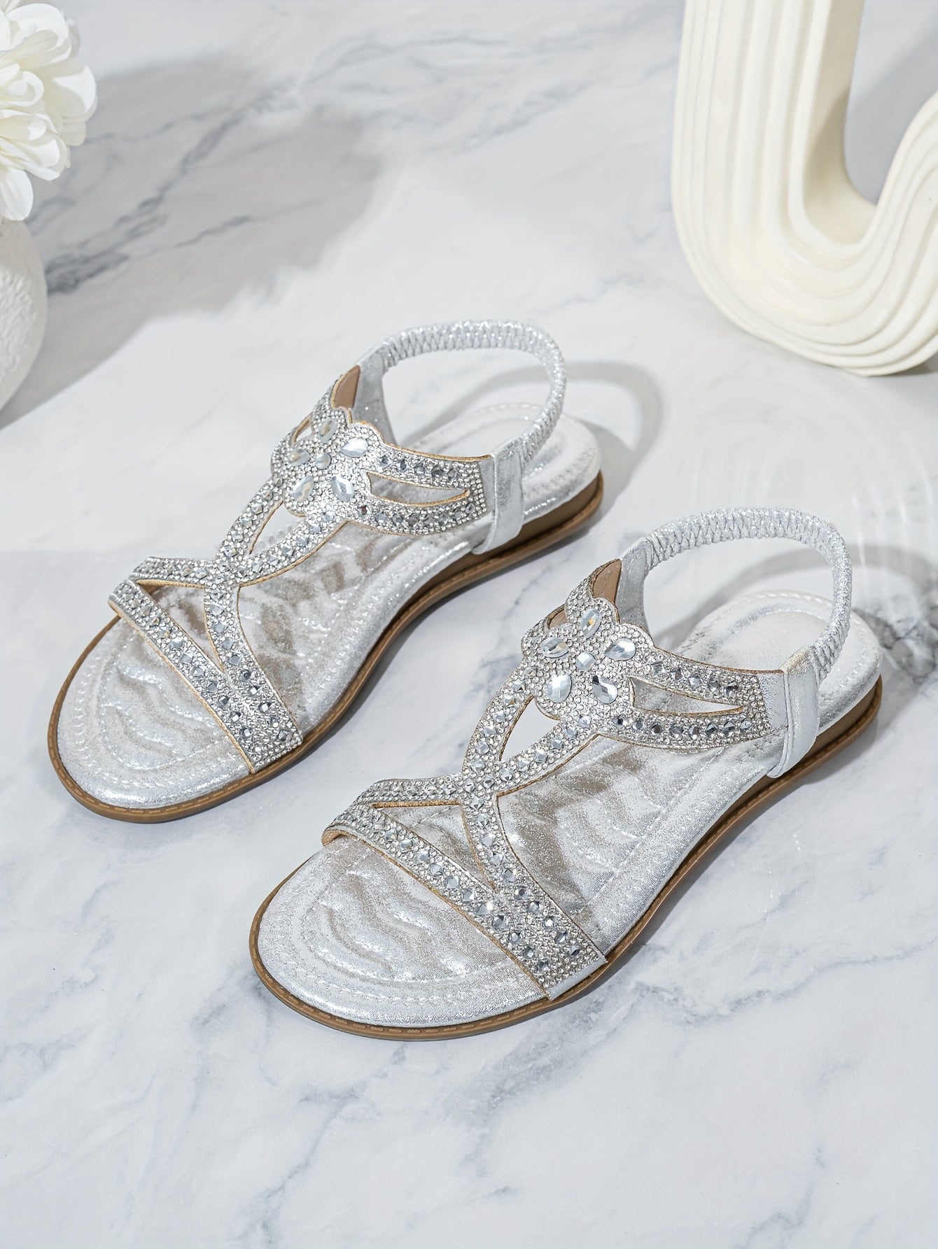 2025 Summer New Women's Rhinestone-Embellished Ankle Strap Sandals - Bohemian Floral PU Cover Flat Sandals with Slip-On Open-Toe Design, Comfortable Casual Elegant Plus Size Footwear for All Seasons, Ladies Shoes And Sandals,