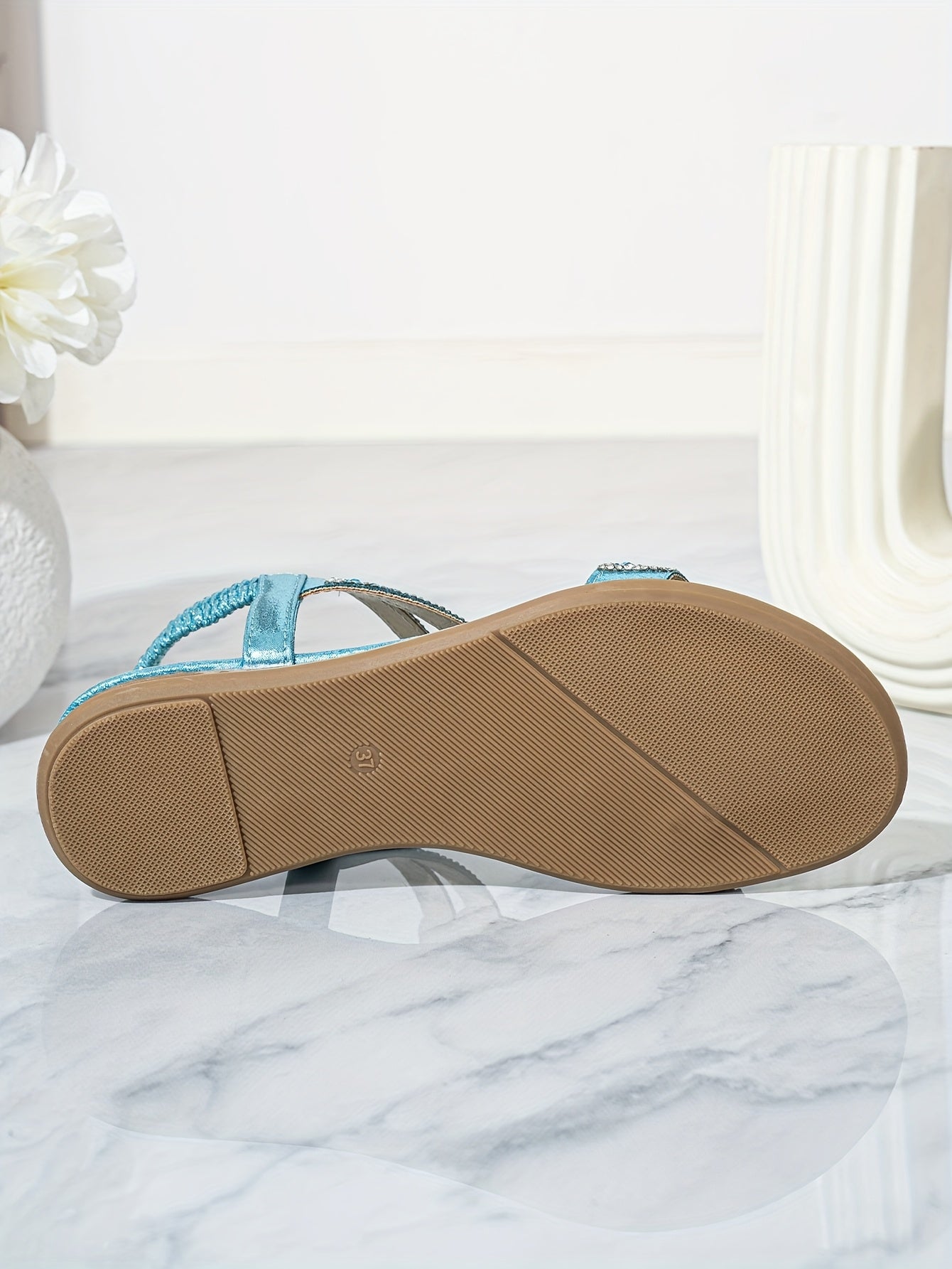 2025 Summer New Women's Rhinestone-Embellished Ankle Strap Sandals - Bohemian Floral PU Cover Flat Sandals with Slip-On Open-Toe Design, Comfortable Casual Elegant Plus Size Footwear for All Seasons, Ladies Shoes And Sandals,