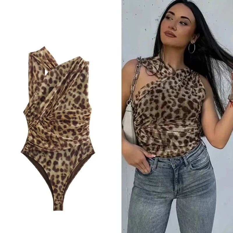 TRAF Leopard Print Bodysuit Women Tulle Black Sexy Body Suits Woman Ruched Mesh Bodysuit Women Sexy Outfits Jumpsuits for Women