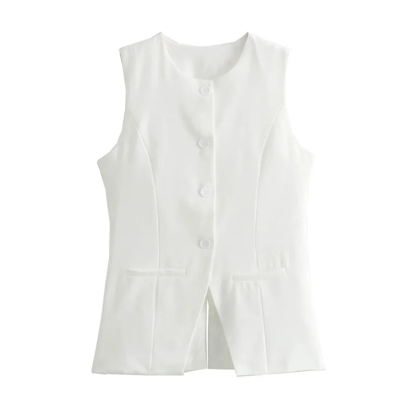 TRAF 2024 White Sleeveless Vest Women Button Summer Vests for Women Jackets Pink Vest Top Women Streetwear Women's Tailored Vest