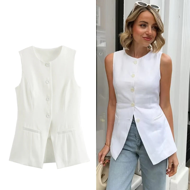 TRAF 2024 White Sleeveless Vest Women Button Summer Vests for Women Jackets Pink Vest Top Women Streetwear Women's Tailored Vest