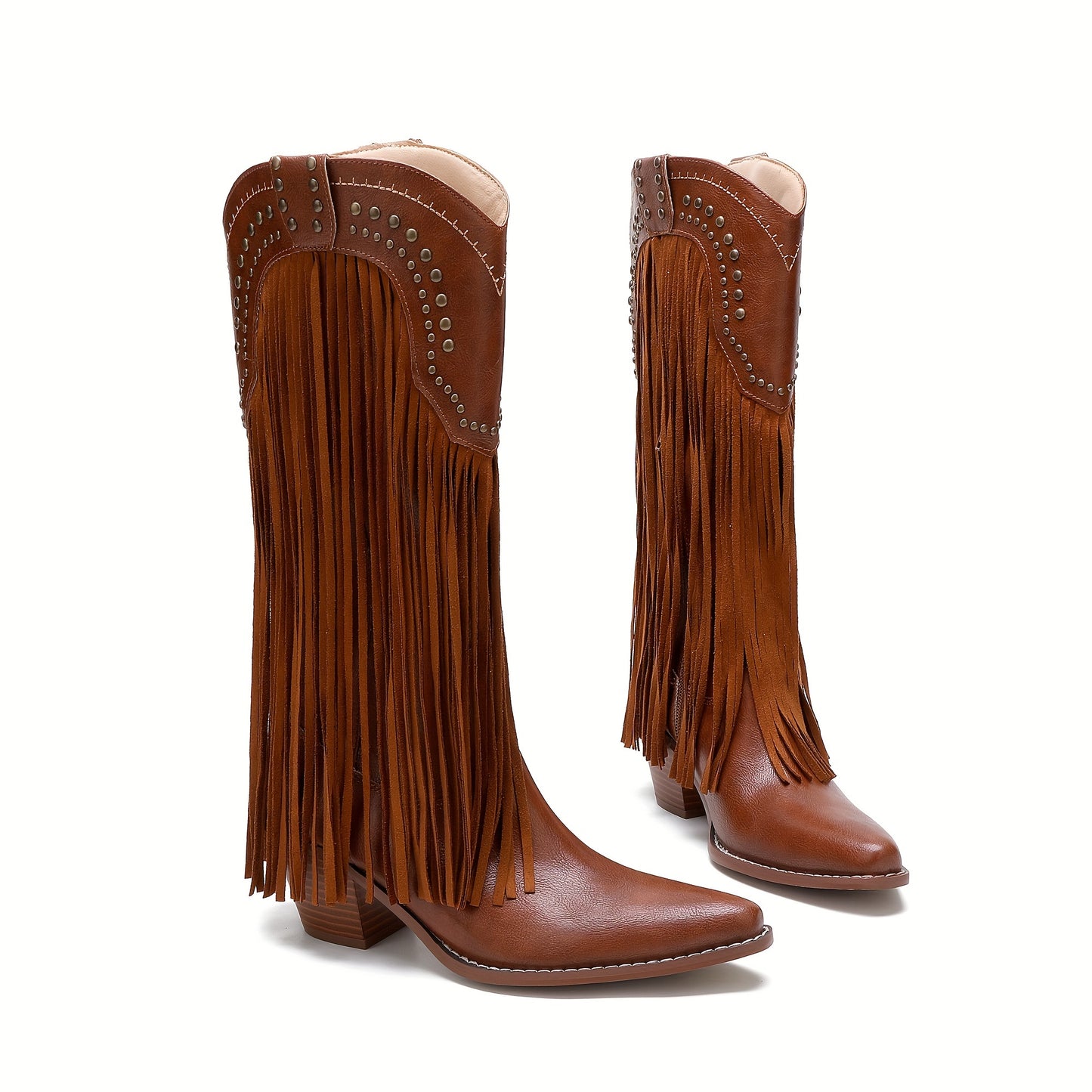 Stivale texano vintage con frange – punta tonda e zip