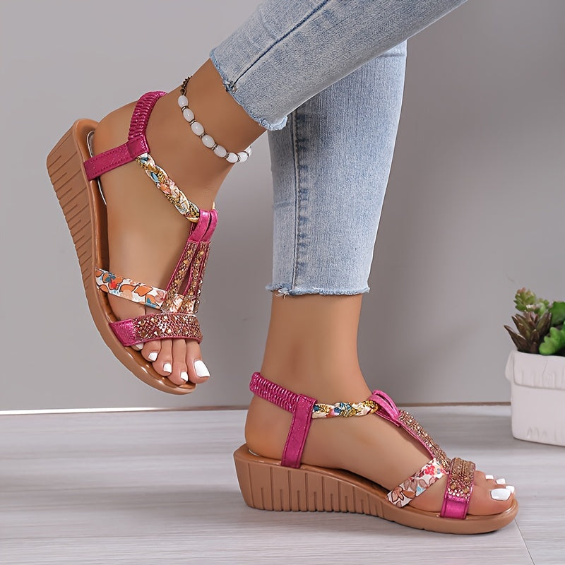 Women's Rhinestone Decor Wedge Sandals, Casual Open Toe Platform Sandals, Comfortable Elastic Band Sandals