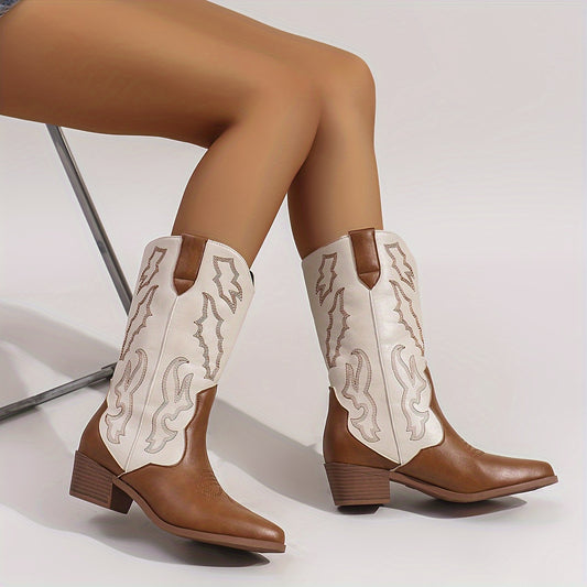 Women'S Western Cowboy Boots, Mid-Calf Pointed Toe with Chunky Heel, Elegant Slip-On Style in Brown, Comfortable for Music Festivals, Vacations, and Casual Wear, Music Festival Boots | Rugged Boot Design | Rubber Sole Boots