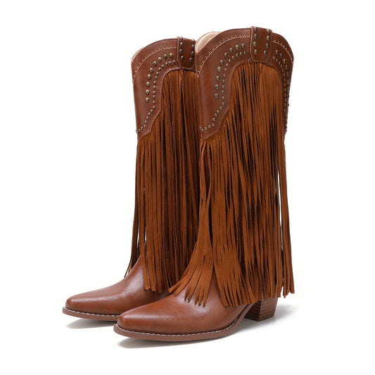 Stivale texano vintage con frange – punta tonda e zip