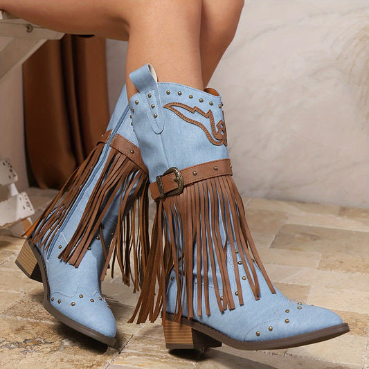 Women's Western Cowboy Boots - Mid-Calf Synthetic Cover with Fringe, Studded & Buckle Detail, Pointed Toe, Medium Block Heel, Zipper Closure, Light Blue & Brown for Casual & Semi-Formal Outfits, Semiformal Footwear, Pointed T