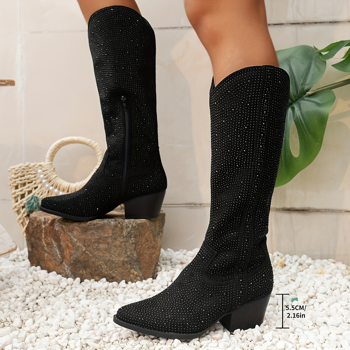 Women's Fashion High-Top Rhinestone Decor Cowboy Boots, Stylish Point Toe Chunky Heel Boots, Elegant Western Boots For Ladies