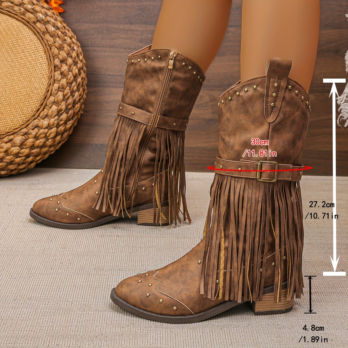 Stivale texano con frange e perline – zip laterale