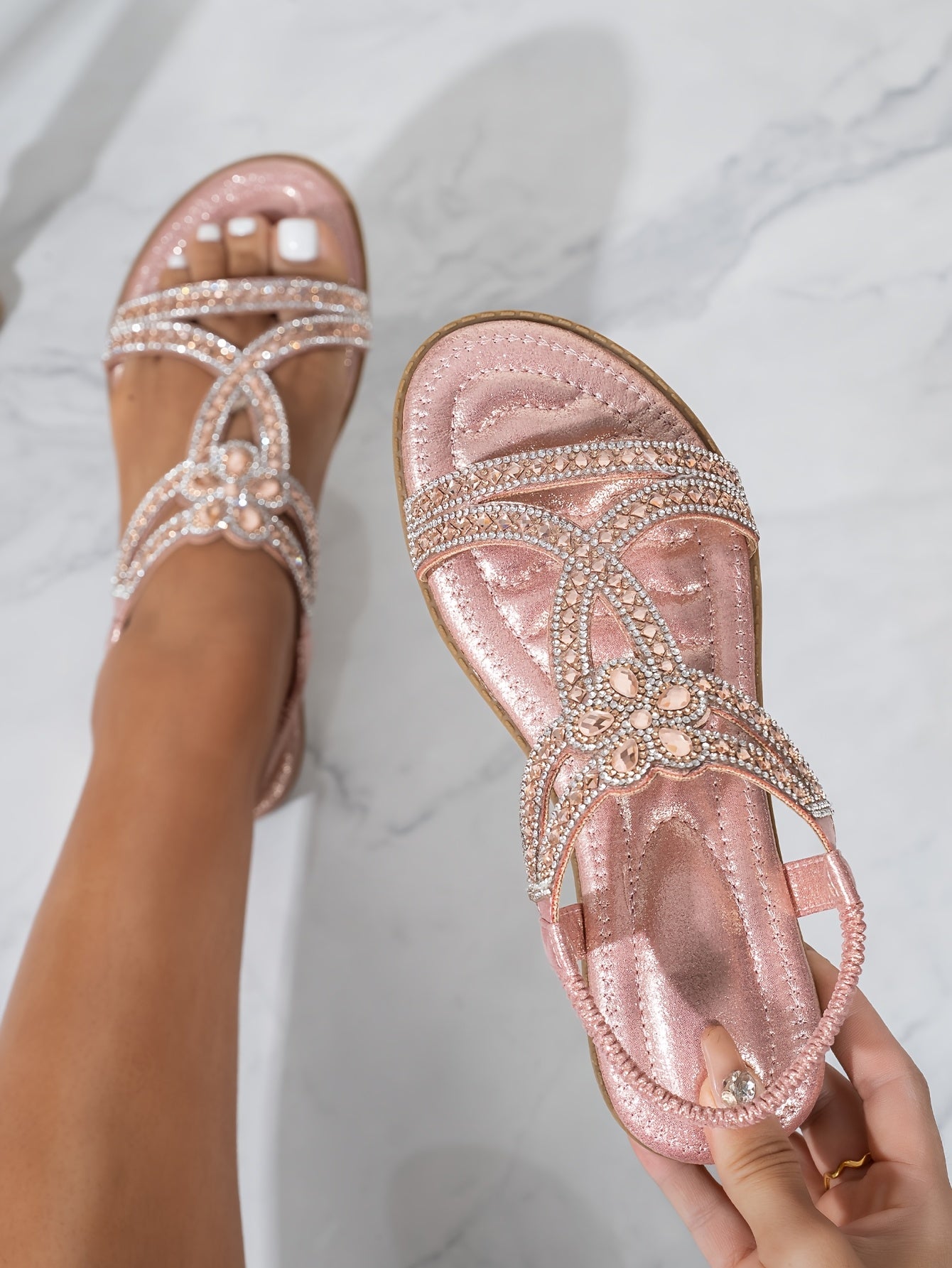 2025 Summer New Women's Rhinestone-Embellished Ankle Strap Sandals - Bohemian Floral PU Cover Flat Sandals with Slip-On Open-Toe Design, Comfortable Casual Elegant Plus Size Footwear for All Seasons, Ladies Shoes And Sandals,