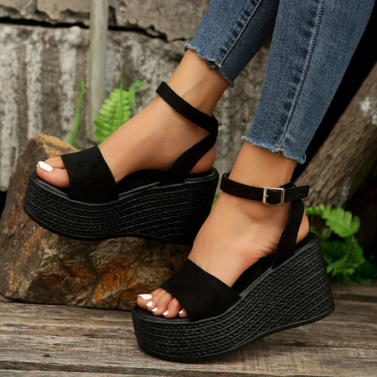 Women's Solid Color Casual Sandals, Ankle Buckle Strap Platform Vacation Shoes, Wedge Comfort Walking Shoes
