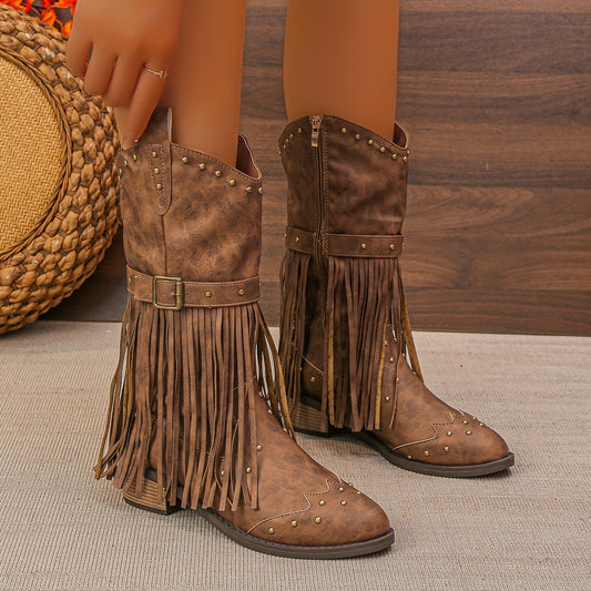 Stivale texano con frange e cinturino – tacco chunky
