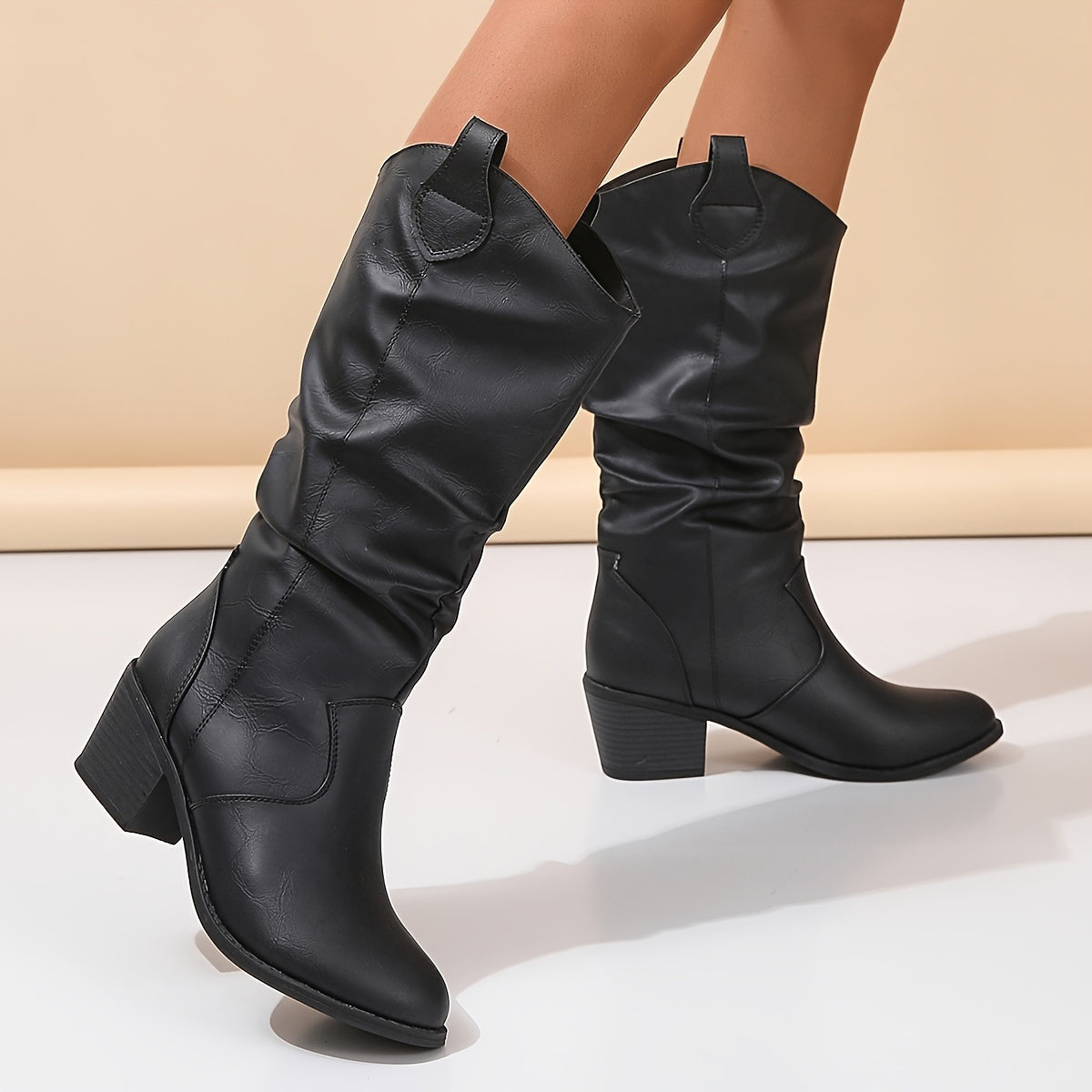 Stivale texano slip‑on – tacco chunky punta tonda