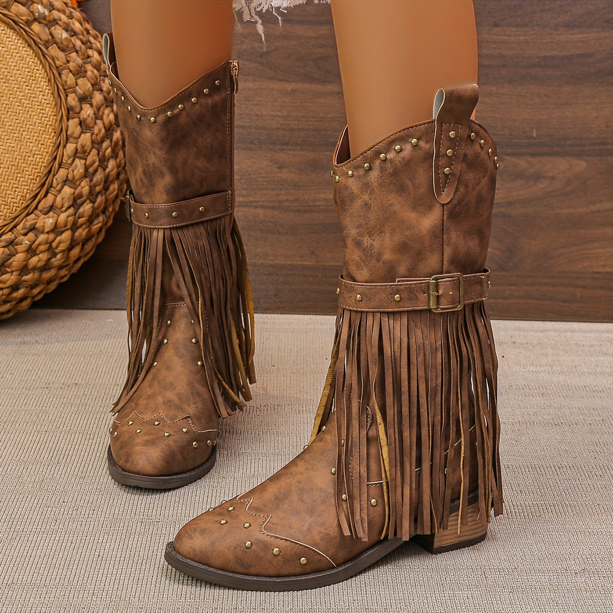 Stivale texano con frange e cinturino – tacco chunky