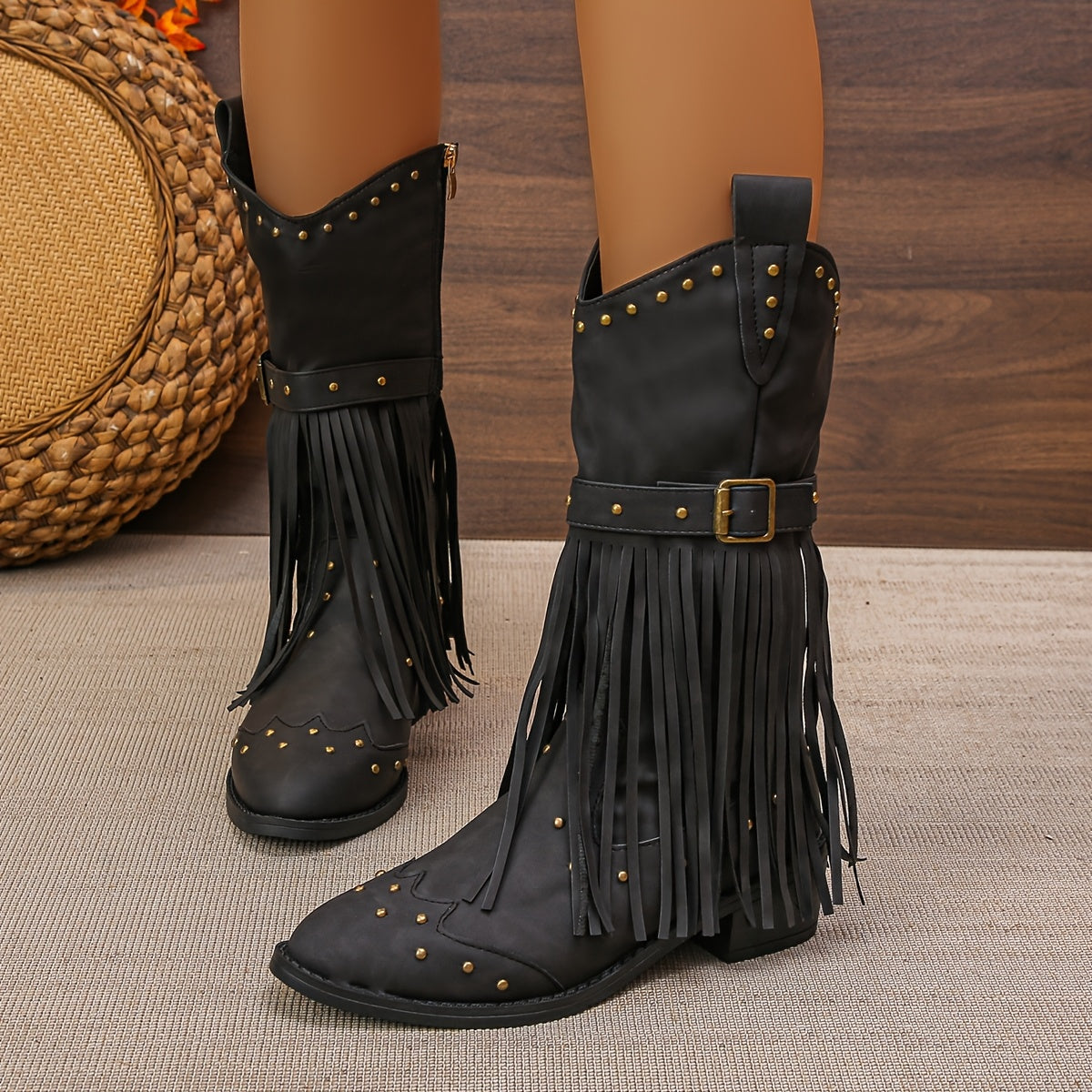Stivale texano con frange e perline – zip laterale