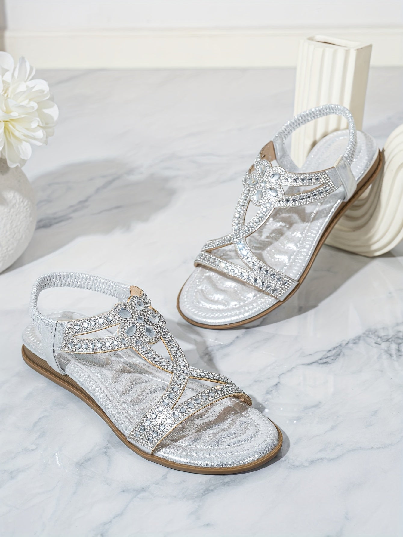 2025 Summer New Women's Rhinestone-Embellished Ankle Strap Sandals - Bohemian Floral PU Cover Flat Sandals with Slip-On Open-Toe Design, Comfortable Casual Elegant Plus Size Footwear for All Seasons, Ladies Shoes And Sandals,