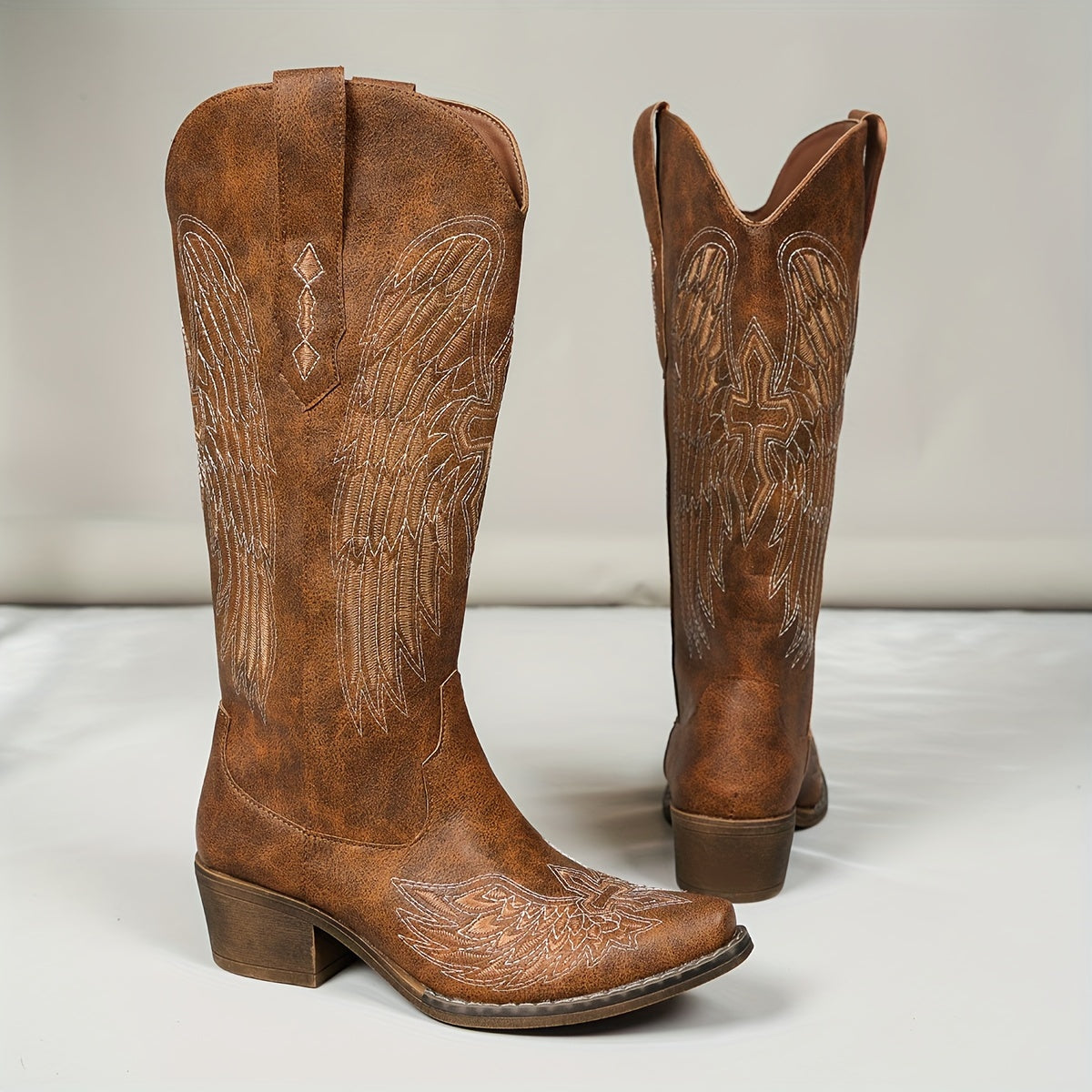 Stivale texano ricamo Angel Wings – slip‑on