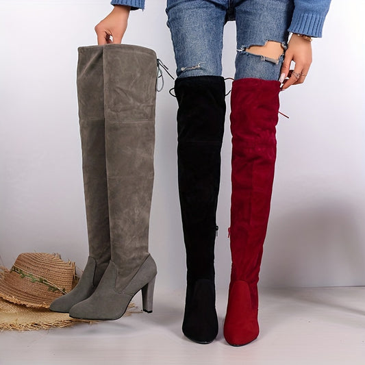Women's Over The Knee Boots, Solid Color Block Heeled Side Zipper Long Boots, Comfortable Party Dress High Heeled Boots