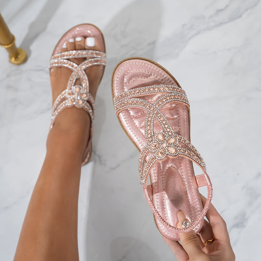 2025 Summer New Women's Rhinestone-Embellished Ankle Strap Sandals - Bohemian Floral PU Cover Flat Sandals with Slip-On Open-Toe Design, Comfortable Casual Elegant Plus Size Footwear for All Seasons, Ladies Shoes And Sandals,