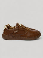 Sneakers UNA, colore marrone, vista laterale: finitura con pannelli a contrasto.