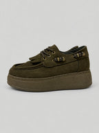 Sneakers OPAL, colore verde, vista del lato opposto: finitura effetto scamosciato, suola platform.