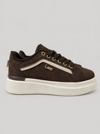 Sneakers ALLEGRA, colore marrone, vista laterale: finitura effetto scamosciato, suola platform.