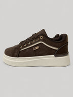 Sneakers ALLEGRA, colore marrone, vista del lato opposto: finitura effetto scamosciato, suola platform.